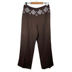 LOFT Brown Embroidered Linen Blend Wide Leg Cropped Pants Size 10